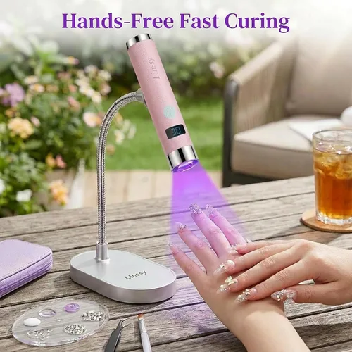 Vista 6 de Linssy - Mini luz UV para uñas con sensor automático y soporte de cuello de cisne, lámpara de uñas inalámbrica portátil con pantalla LCD, luz UV