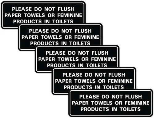 Vista 43 de All Quality Estándar Please Do Not Flush Toallas de papel o productos femeninos en inodoros puerta o pared Letrero Negro - Pequeño (1 paquete)
