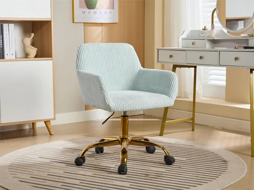 Vista 19 de KCC Silla de Tocador de Maquillaje de Tela de Pana, Sillón Giratorio Esponjoso Moderno con Ruedas, Tapizada Mullida de Altura Ajustable para Niñas