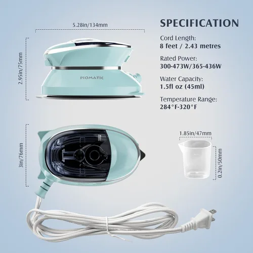 Vista 7 de PIOMATIC Mini plancha de viaje con vapor para ropa con doble voltaje, mini máquina de planchar portátil con suela antiadherente, plancha pequeña
