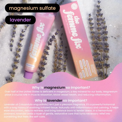 Vista 5 de The Femme Fix Crema calmante para hemorroides para mujeres, con lidocaína, magnesio, aceite de coco y lavanda real, alivio posparto y comodidad