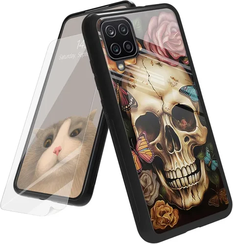 Vista 46 de Funda para Samsung Galaxy A12 5G con protector de pantalla, parte trasera de vidrio templado + TPU de silicona suave que absorbe los golpes