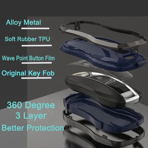 Vista 4 de Alloy Metal Key Fob Cover,Compatible with Porsche Macan Cayenne Panamera 911 Boxster Cayman 718 Negro