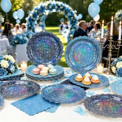 Vista 2 de Blue Iridescent Plates and Napkins Set for Birthday Baby Shower,40 Guests Disposable Light Blue Holographic Tableware Include 9" Gradient