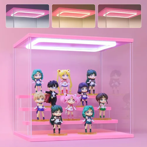 Vista 12 de Vitrina de acrílico transparente para figura de acción Pop Mart, vitrina Funko Pop a prueba de polvo con iluminación, múltiples capas para Rosa