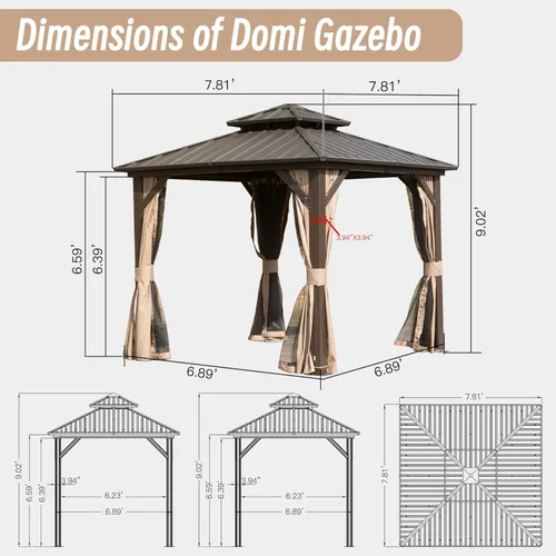Vista 8 de Domi - Cenadores de techo rígido de 8 x 8 pies, cenador de metal de aluminio con toldo de doble techo de acero galvanizado, cortina y red, pabellón