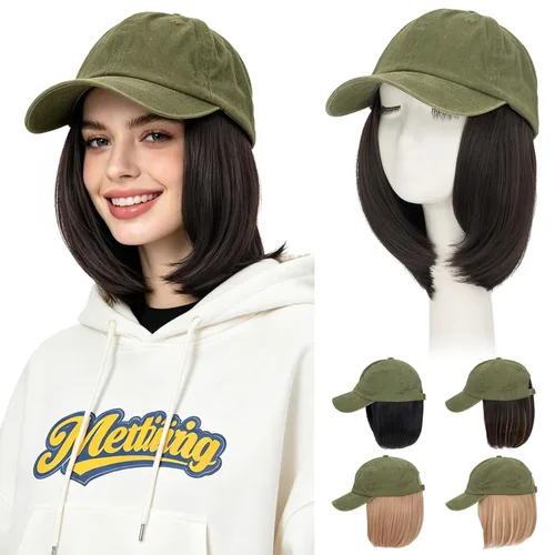 Vista 15 de Hairro Peluca de gorra de béisbol con cabello adjunto, corto estilo Bob ajustable, extensiones de cabello sintético para mujeres, balayage