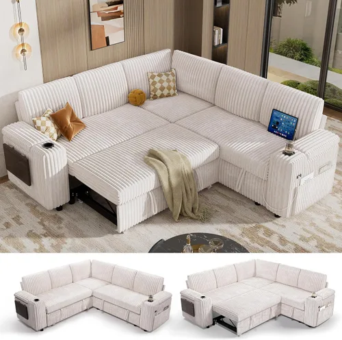 Vista 25 de Vipbear Sofá cama modular de 86 pulgadas con cama extraíble, sofá en forma de L de pana de felpa de 3 asientos con diván de almacenamiento, puertos