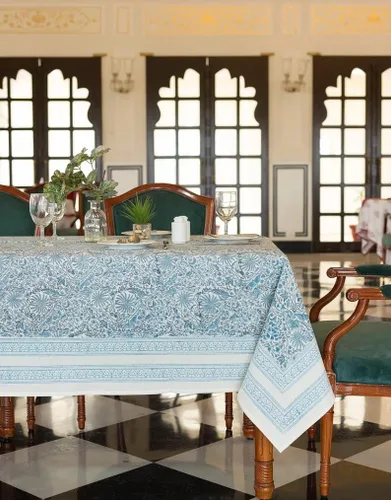 Vista 13 de Labhanshi Mantel rectangular de 6 plazas de algodón prelavado con estampado indio a mano, 60 x 90 pulgadas, diseño floral de algodón prelavado
