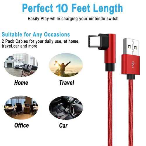 Vista 5 de Cable de carga para NS Switch and Switch LiteOLED y Pro Controller Paquete de 2 cables extralargos de punta de 90 grados de nailon trenzado USB C a