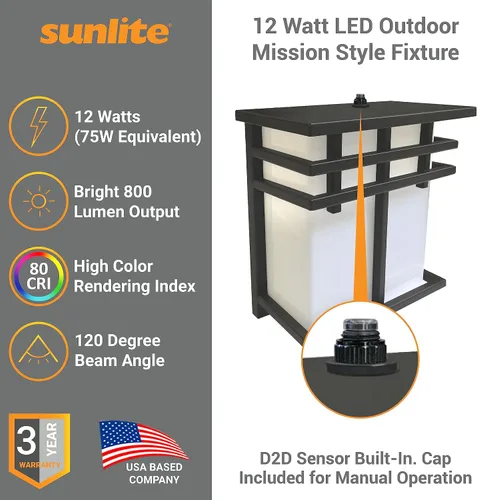 Vista 3 de Sunlite 88686 LED Mission Style - Accesorio para exteriores, 12 vatios (75 W = ), 800 lúmenes, fotocélula incorporada, acabado negro, lente blanca
