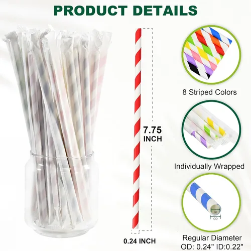 Vista 2 de Pajitas de papel desechables envueltas individualmente de 7.75 x 0.24 pulgadas, rayas coloridas [400 unidades] - biodegradables ecológicos