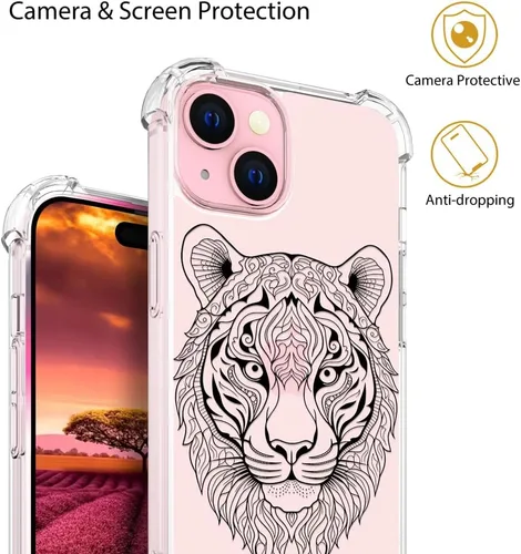 Vista 6 de Funda compatible con iPhone 15, bonita funda transparente para mujer, funda de silicona transparente para teléfono, color negro, tigre poderoso