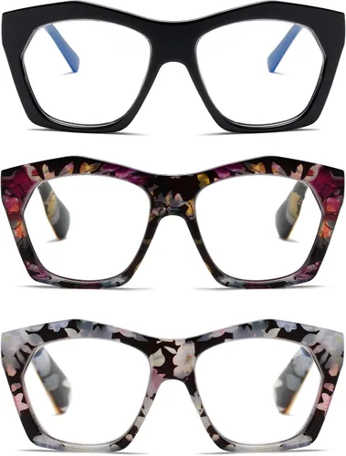 Vista 9 de Viseng Paquete de 3 anteojos de lectura para mujer, diseño de marco, de gran tamaño, bloqueo de luz azul, lector de computadora +0.0 B/3 pares