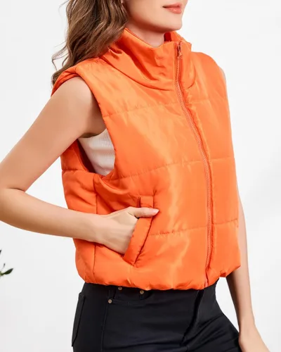 Vista 3 de Chaleco acolchado para mujer, sin mangas, cálido, acolchado, recortado, con cuello alto, con bolsillo
