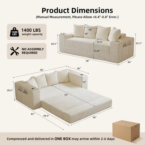 Vista 2 de Sofá cama sin hueso de 78 pulgadas para sala de estar, sofá cama Beige