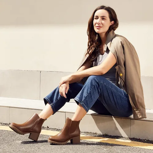 Vista 3 de JABASIC Botines Chelsea para mujer, tacón bajo y grueso, con plataforma elástica, sin cordones