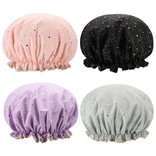 Vista 13 de 4 Piezas Gorros de Ducha para Mujeres y Niña, Gorro de Baño Reutilizable e Impermeable con Doble Capa Impermeable, Patrón de Pájaro y Corazón