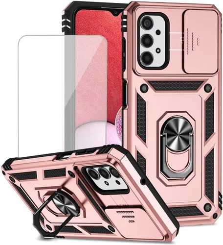 Vista 9 de Funda para Galaxy A13 4G/Samsung A13 LTE 4G SM-A135F con protector de pantalla de vidrio templado y cubierta de cámara deslizante, anillo magnético