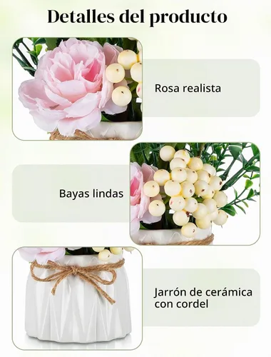 Vista 4 de BLOSMON Flores sintéticas en jarrón para decoración de mesa, 2 piezas, pequeñas, rosas rosadas