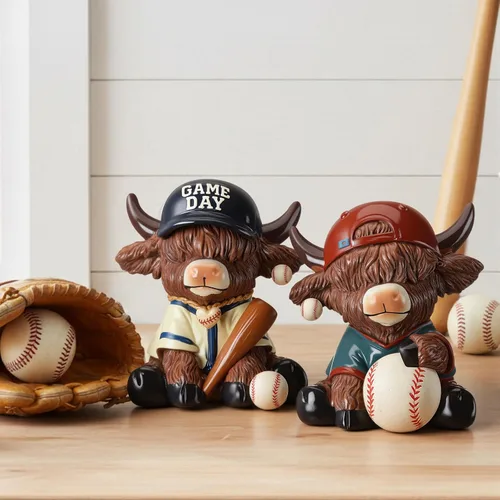 Vista 6 de Wesiti 2 figuras de vaca de las tierras altas de béisbol, bonita estatua deportiva de resina con murciélago y pelota, regalos para fanáticos