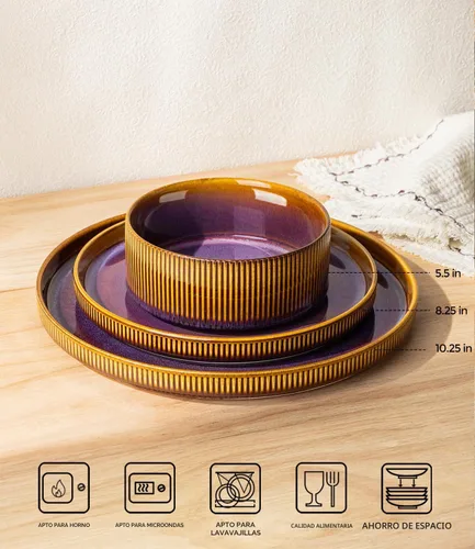 Vista 2 de TheTerra Juego de vajilla de cerámica para 4, juego de 12 platos y cuencos ligeros de porcelana, resistente a los arañazos, apto para horno