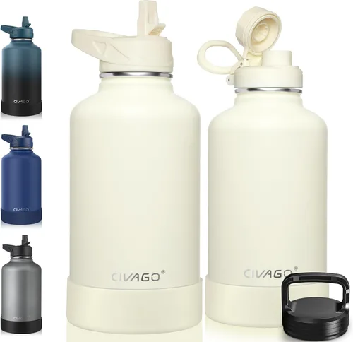Vista 41 de CIVAGO Botella de agua aislada de 22 onzas con pajita, frasco de agua deportiva de acero inoxidable con 3 tapas