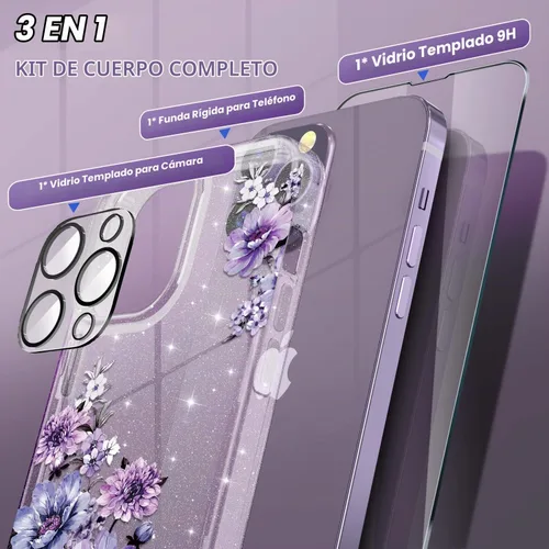 Vista 3 de OKP Funda 3 en 1 para iPhone 14 Pro Max, con protector de pantalla/protector de lente de cámara, bonito patrón floral, transparente, brillante