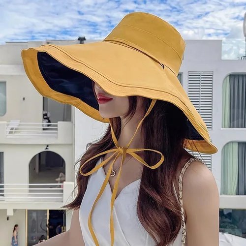 Vista 36 de Sombrero de sol de ala súper ancha para mujer, de algodón, plegable, reversible, con borde con cable, protección UV, verano, playa, viajes, jardín