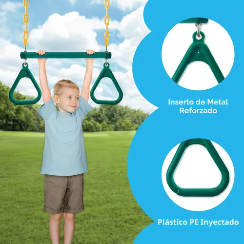 Vista 5 de TURFEE Juego de 3 columpios surtidos, incluye 1 barra de trapecio de anillos de gimnasio y 2 columpios con cadena recubierta de plástico, accesorios