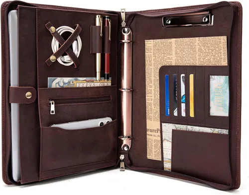 Vista 10 de YIWEN Portafolio de cuero genuino hecho a mano, portafolio con cremallera y carpeta de 3 anillos, organizador profesional de negocios, carpeta