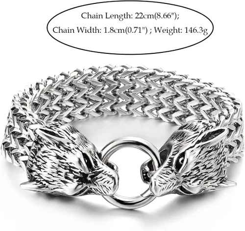 Vista 5 de COOLSTEELANDBEYOND Biker - Pulsera de acero inoxidable para hombre con cabeza de lobo con cierre de anillo de resorte