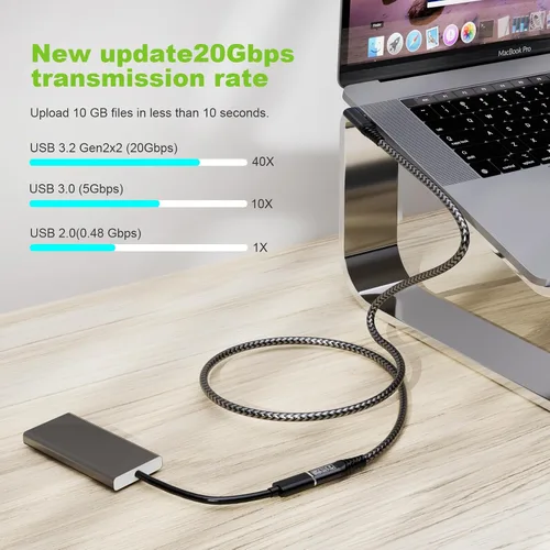 Vista 6 de Cable de extensión USB 3.2 de 1.65 pies, cable de extensión USB-C corto de ángulo recto macho a hembra de carga de extensión compatible con video