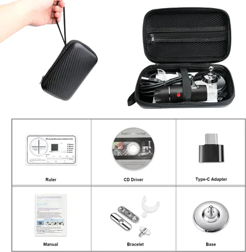 Vista 5 de Microscopio USB con cámara y soporte y estuche de transporte, microscopio digital Cainda compatible con Android, Windows, Linux, Mac, lupa portátil