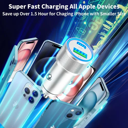 Vista 6 de USB-C Car Charger Fast Charging, Veetone 2Pack 66W PD&QC3.0 All Metal Type-C Power Cigarette Lighter USB Charger for iPhone 15/15 Plus/15 Pro/15 Pro