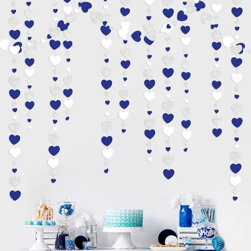 Vista 26 de 52 pies Guirnalda de corazón de amor dorado azul marino para decoración de fiesta del día de San Valentín Bandera de serpentina colgante azul real