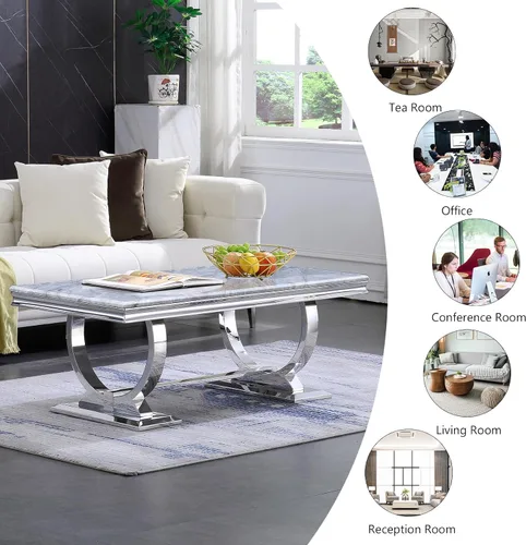 Vista 5 de Mesa de centro moderna, mesas de centro con pedestal de base en U plateadas para sala de estar, mesa de centro rectangular de 48 pulgadas en gris