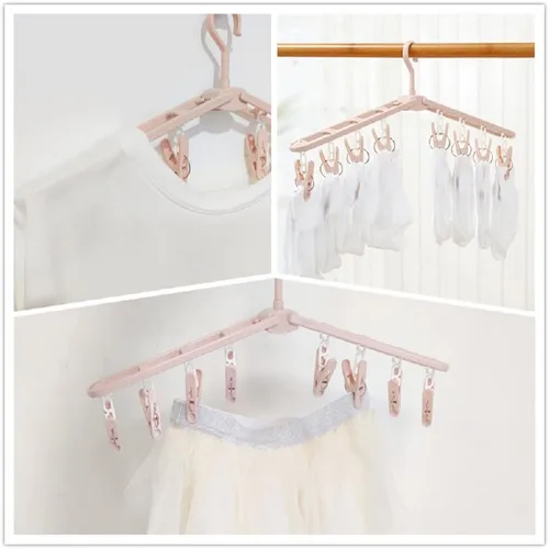 Vista 6 de Perchas plegables de viaje para ropa con clips, estantes de secado de ropa, calcetines de lencería de plástico antideslizante para faldas, perchas