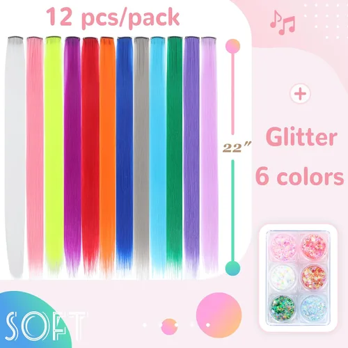 Vista 3 de Extensiones de cabello de colores, extensión de cabello liso con clip de 22 pulgadas, extensiones de cabello con brillantina multicolor arcoíris