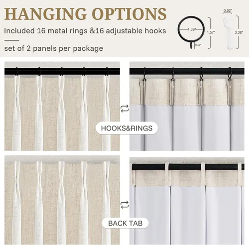 Vista 6 de Cortinas plisadas de lino opacas de 96 pulgadas de largo, juego de 2 paneles para oscurecer la sala de estar/dormitorio, cortinas térmicas virales