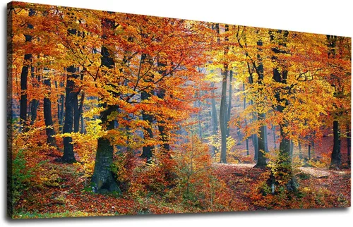 Vista 15 de Arte de pared grande con atardecer en el bosque, imagen de paisaje de Otoño Bosque Pu