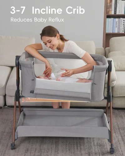 Vista 2 de Cuna para bebé - Cuna para dormir al lado de la cama, Cunas al lado de la cama 3-en-1 para bebé, Cuna con movimiento, con colchón cómodo, ruedas