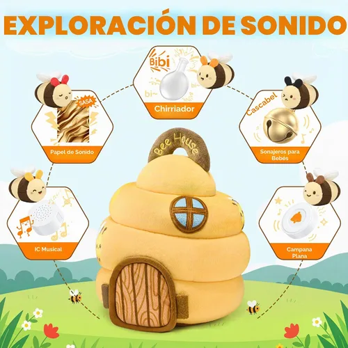 Vista 2 de Juguetes para bebés de 6 a 12 meses - Juguete infantil de colmena con 5 abejas sensoriales, animales de peluche, crujido, sonajero, espejo y música