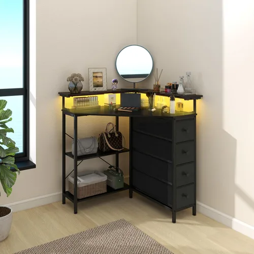 Vista 5 de VENNQD Escritorio esquinero con cajones y estantes para espacio pequeño, escritorio triangular de computadora de 90 grados con tomas de corriente
