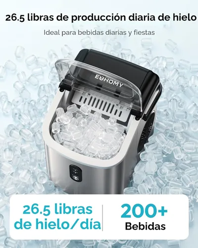 Vista 3 de EUHOMY Máquina de hielo para encimera, máquina de hielo portátil con asa de transporte, 26.5 libras por día, 9 cubos en 6 minutos, limpieza Plateado
