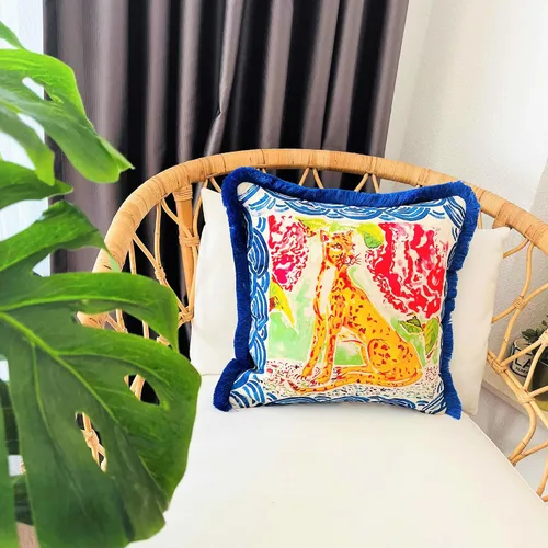 Vista 2 de Funda de almohada con patrón de leopardo, funda de almohada de terciopelo única, cojín de borla azul, almohada decorativa para decoración del hogar