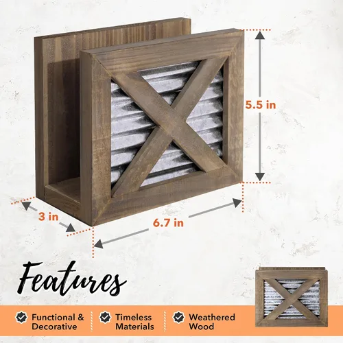 Vista 6 de Autumn Alley Servilletero rústico de madera, vertical, diseño clásico de puerta de granero con metal galvanizado, servilletero rústico