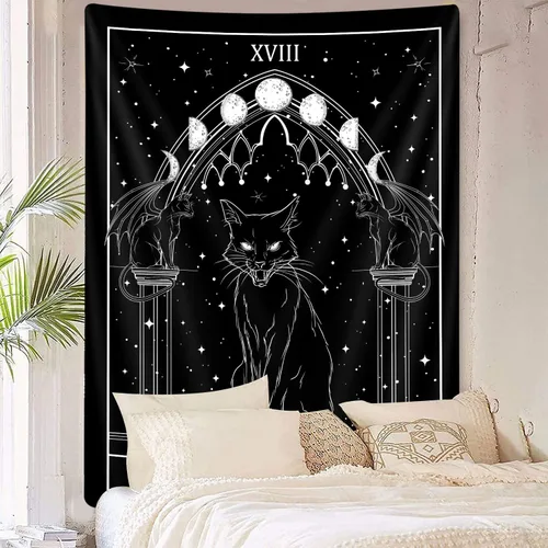 Vista 4 de Tapiz gótico de gato negro, bruja gótica tarot vertical para colgar en la pared para hombres, arte de brujería de anime estético en blanco y negro