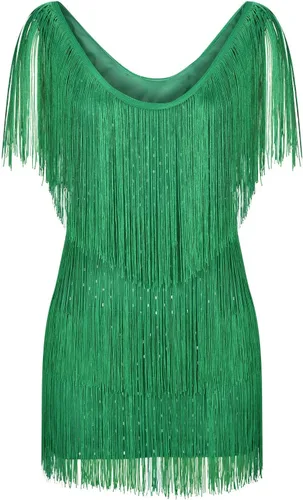 Vista 3 de XUNRYAN Vestido de lentejuelas con flecos para mujer de los años 20, sexy, con cuello en V, sin mangas, vestido de cóctel, concierto de noche