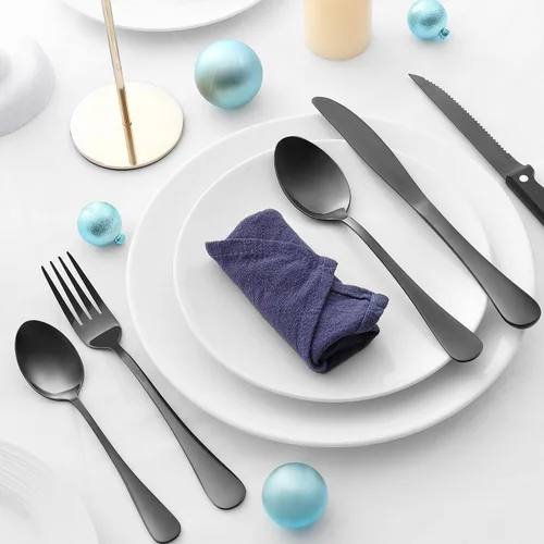 Vista 3 de E-far Juego de cubiertos negros de 24 piezas con cuchillos para carne, cubiertos de acero inoxidable para 4, modernos juegos de utensilios de metal
